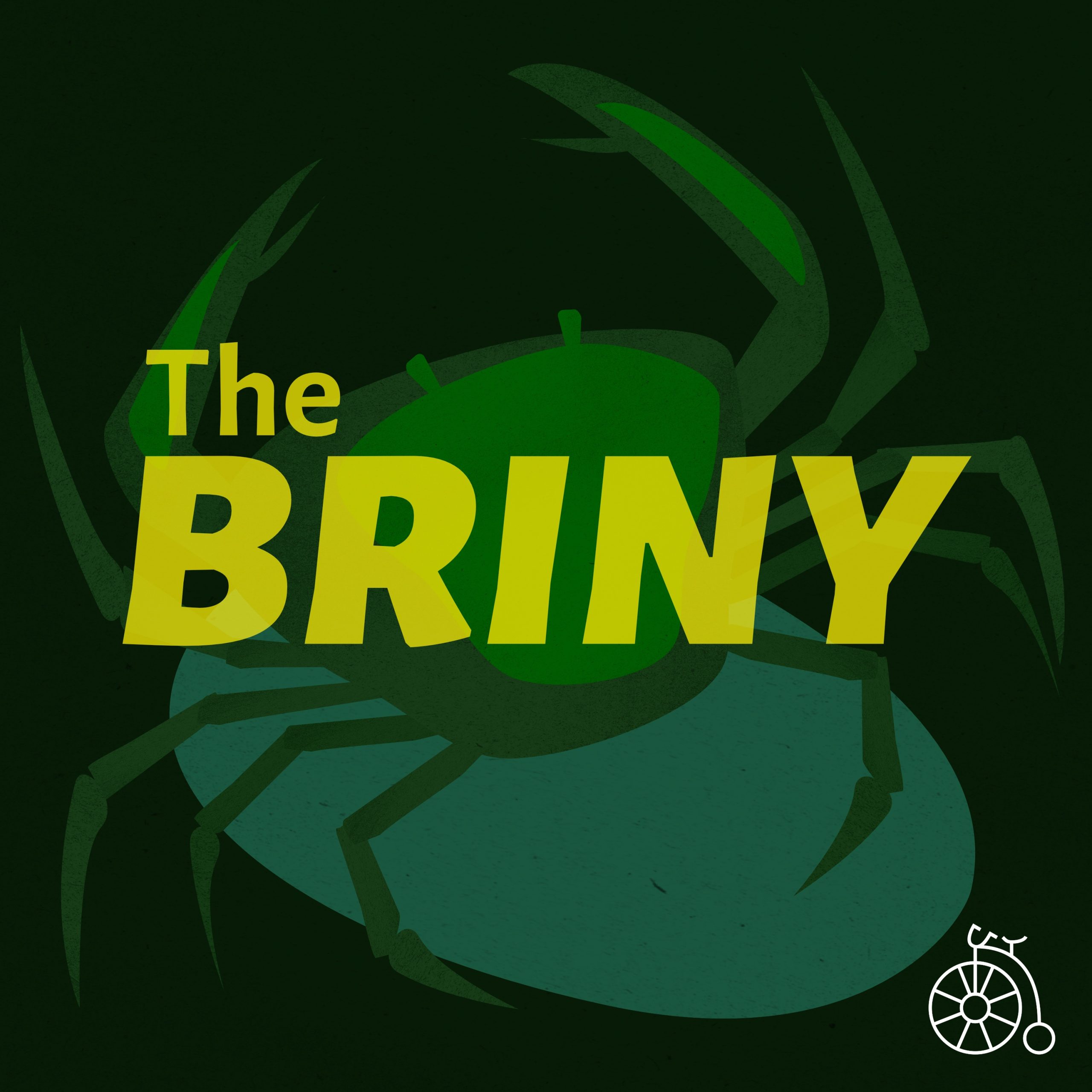 The logo of The Briny podcast, depicting a cartoon of a green crab with the words "The Briny" superimposed in yellow.