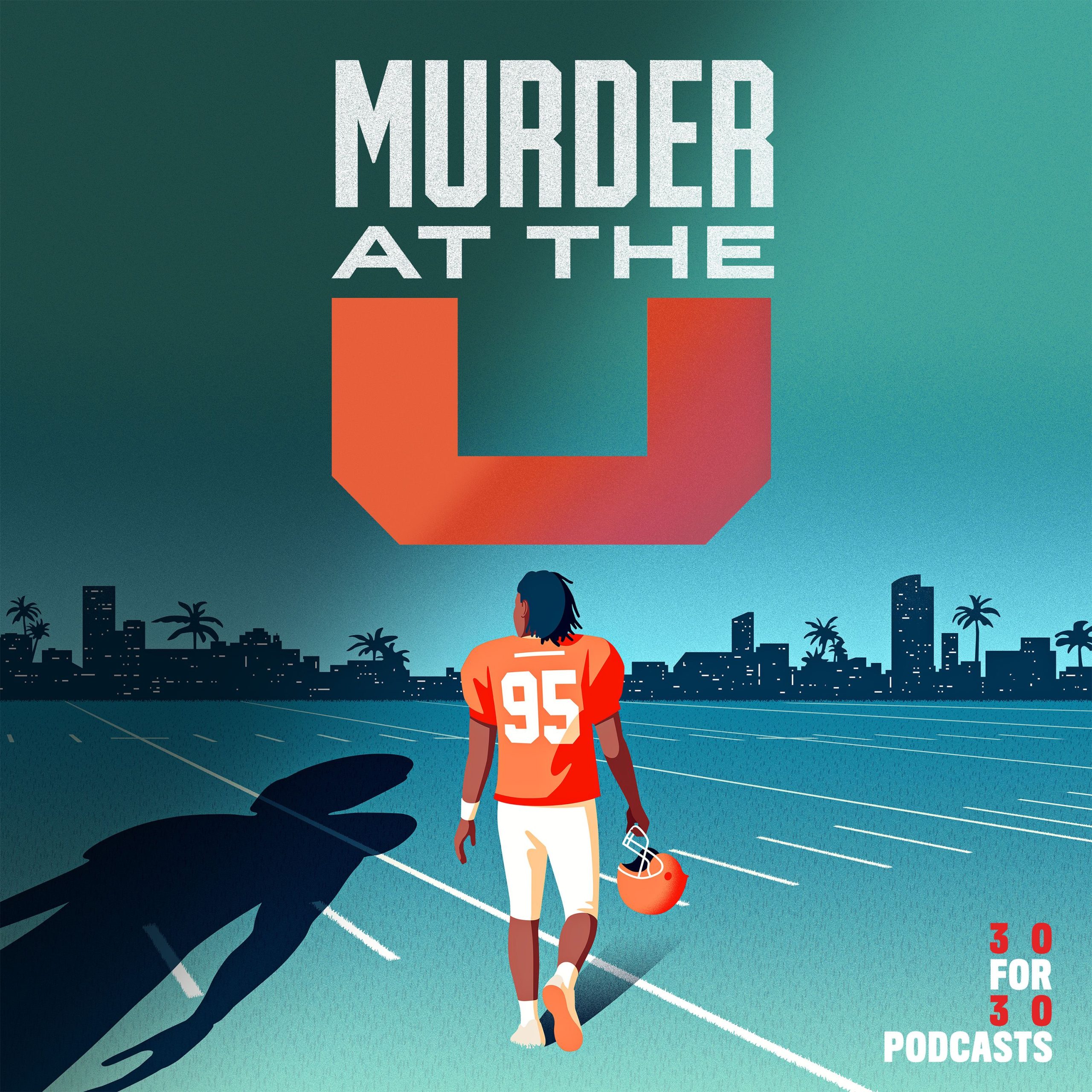 Podcast art for the series "Murder at the U" from ESPN and 30 for 30 podcast. The drawing depicts a football player wearing an orange jersey walking away from the viewer, while another player casts a long shadow beside him.